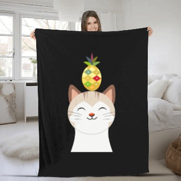 Discover Happy Cat with Pineapple - Tropical Animal Design Fleece Blankets