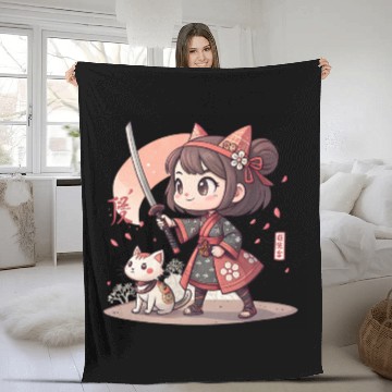 Discover Adorable Anime Samurai Girl: Cat & Katana Design Fleece Blankets