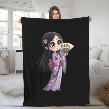 Discover Cute Chibi Geisha Anime Inspired Kimono Design Fleece Blankets