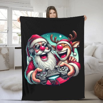 Discover Funny Christmas Duo: Santa & Rudolph Gaming Fleece Blankets