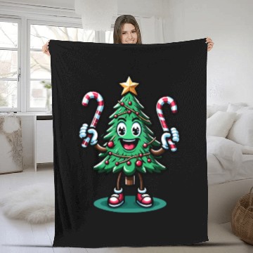 Discover Happy Christmas Tree With Candy Canes Retro Fleece Blankets