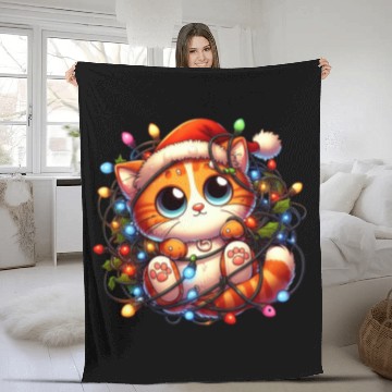 Discover Whimsical Cat’s Christmas Lights Adventure Fleece Blankets