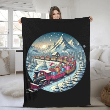 Discover Christmas Train of Gifts through Snowy Peaks Fleece Blankets