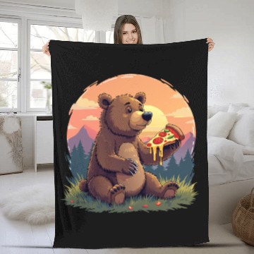 Discover Bear Eating Pizza Fleece Blankets