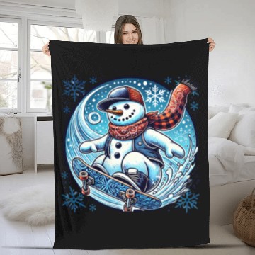 Discover Skateboarding Snowman: Bandana, Board & Snowflakes Fleece Blankets