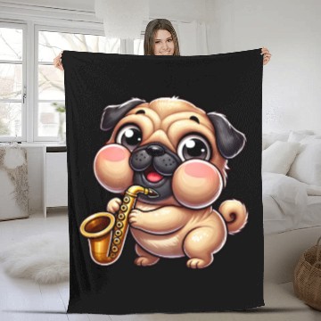 Discover Cute Pug Saxophone Musician Cartoon Jazz Fleece Blankets