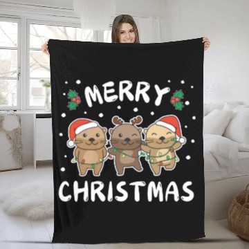 Discover Merry Christmas Cute Otter Festive Lights Otter Fleece Blankets