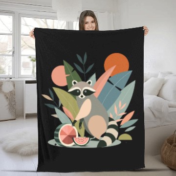 Discover Raccoon with tropical plants and melons Fleece Blankets