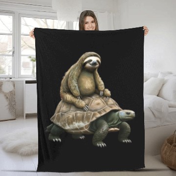Discover Slow Journey: Sloth on Tortoise's Back Fleece Blankets