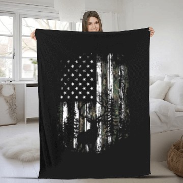 Discover Camo US Flag Deer Elk Buck Camoflage Hunting Fleece Blankets