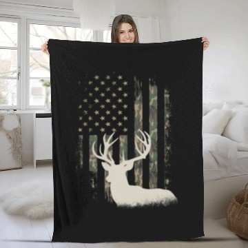 Discover Whitetail Buck Deer Hunting American Camouflage Fleece Blankets