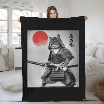 Discover Kawaii Japanese Samurai Cat Vintage Japanese Cat Fleece Blankets