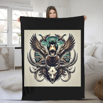 Discover Mallard duck flying over deer skull in marsh Fleece Blankets