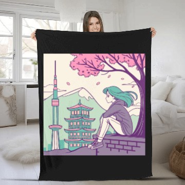 Discover "Peaceful Anime Vibes: Girl Relaxing with Sakura Fleece Blankets