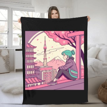 Discover Blossom Breeze: Tokyo Girl Embracing a Tranquil Fleece Blankets