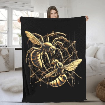 Discover Golden Bee and Spider Web Art Fleece Blankets