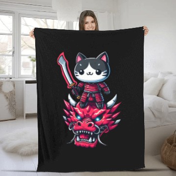Discover Samurai Cat with Sword on Dragon in Epic 3D Effect Fleece Blankets