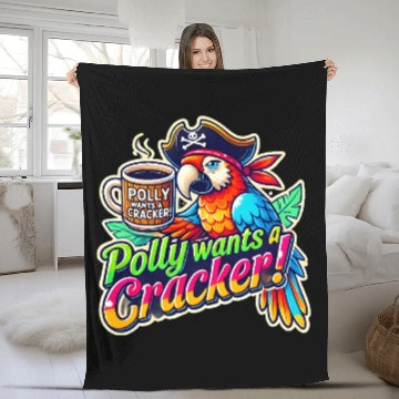 Discover pirate parrot holding a coffee cup design Fleece Blankets