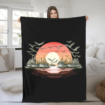 Discover Fishing boat, sea, birds, sunset Fleece Blankets