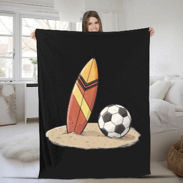 Discover Surfboard and soccer ball in the sand Fleece Blankets