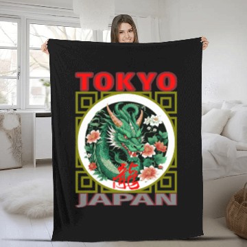 Discover Tokyo Green Dragon Fleece Blankets