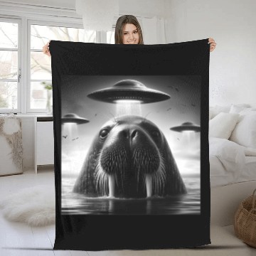Discover Walrus Sea lion Funny Graphic Selfie with UFOs Wei Fleece Blankets