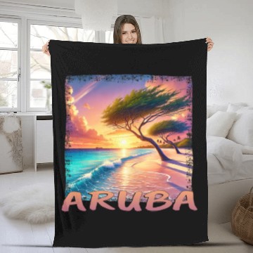 Discover Aruba Eagle Beach Sunset Palm Trees Grunge Fleece Blankets