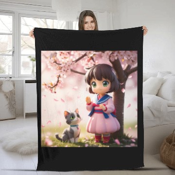 Discover An anime character with a cute cat Fleece Blankets