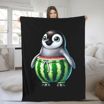 Discover Funny penguin with watermelon fruity whimsical Fleece Blankets