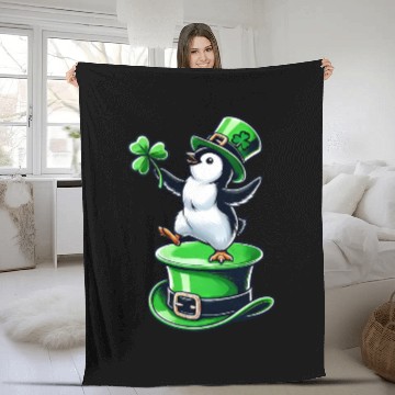 Discover St. Patrick's Day Penguin top hat dancing clover Fleece Blankets