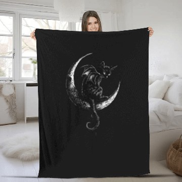 Discover Cat With Bat Wings Sitting On Crescent Moon Goth Fleece Blankets