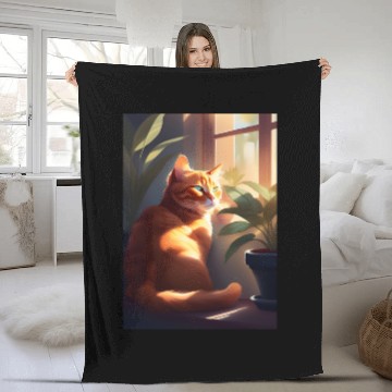 Discover Cat painting red black cat Fleece Blankets