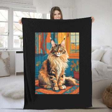 Discover Cat painting red black cat Maine Fleece Blankets