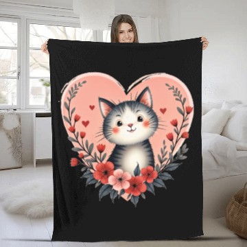 Discover Cat Floral Heart Happy Valentine's Day Fleece Blankets