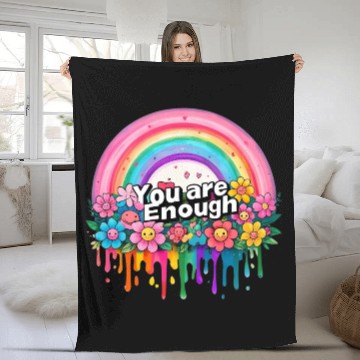 Discover "You Are Enough" Rainbow and Flowers Inspirational Fleece Blankets