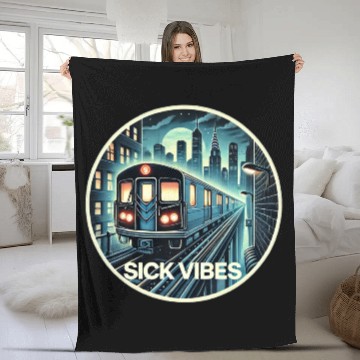 Discover Retro Futuristic Subway Train - Neon Cyberpunk Cit Fleece Blankets