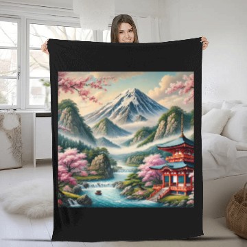 Discover Serene Mount Fuji Landscape Art Print - Japanese C Fleece Blankets