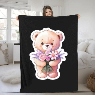 Discover Teddy bear with bouquet of flowers Fleece Blankets