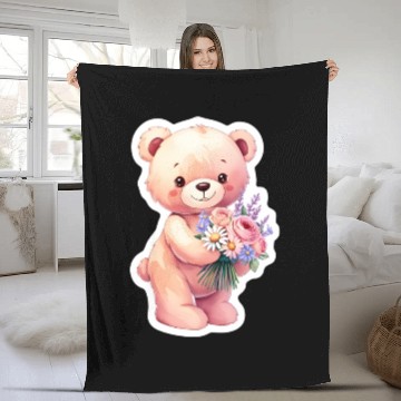 Discover Teddy bear with bouquet of flowers Fleece Blankets
