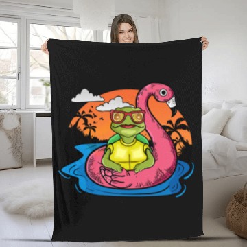 Discover Funny Sea Turtle Swimming Flamingo Pool Sea Turtle Fleece Blankets