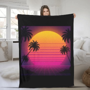 Discover Retro Sunset with Palm Trees Fleece Blankets