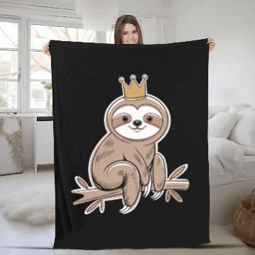 Discover Cute Sloth with Royal Crown Relaxing on Branch Fleece Blankets