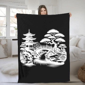 Discover Spiritual Balance Japanese Temple Bridge Fleece Blankets