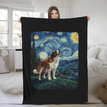 Discover Saint Bernard Howling At Moon Starry Night Van Gog Fleece Blankets