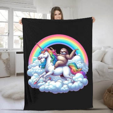 Discover Sloth Riding Unicorn Under Rainbow Fantasy Fleece Blankets