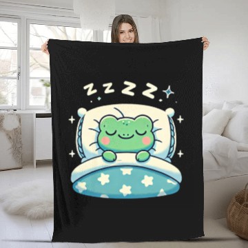 Discover Frog Sleeping In Bed At Night Time Fleece Blankets