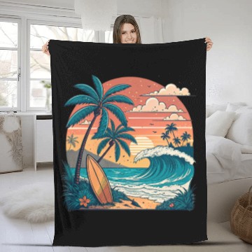 Discover Tropical Paradise Sunset Surfing and Palm Trees Fleece Blankets
