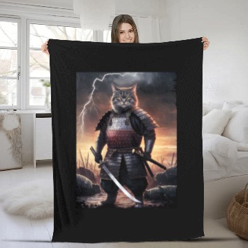 Discover Japanese Cat Samurai Cat Fleece Blankets