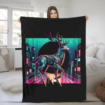 Discover Cyberpunk Stag In Futuristic Cityscape Fleece Blankets