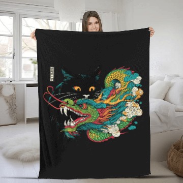 Discover Ukiyo-e Black Cat Chinese Dragon Fleece Blankets